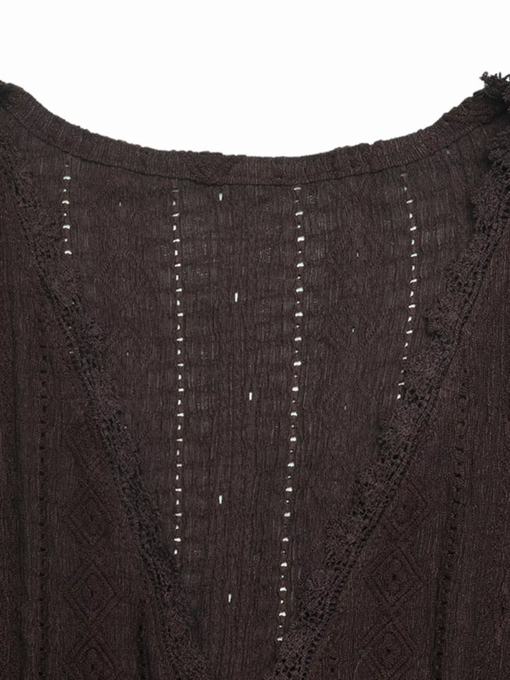 Lace Detail Ruffle Sleeve V-Neck Blouse