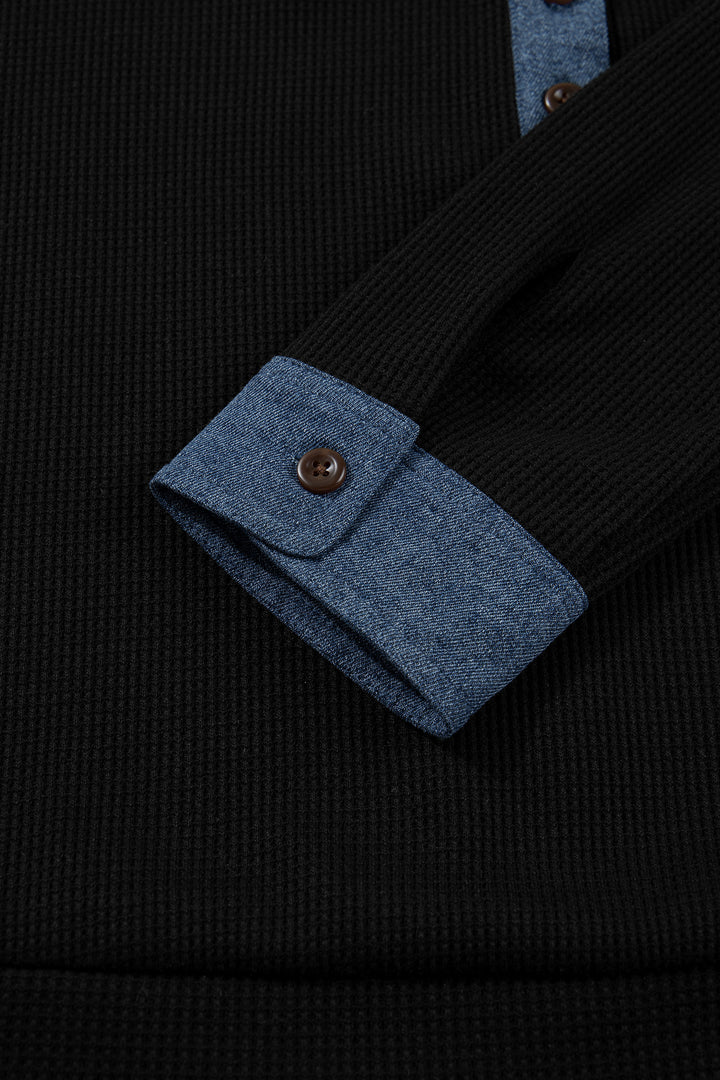 Black Textured Knit Denim Patchwork Button Collar Long Sleeve Top