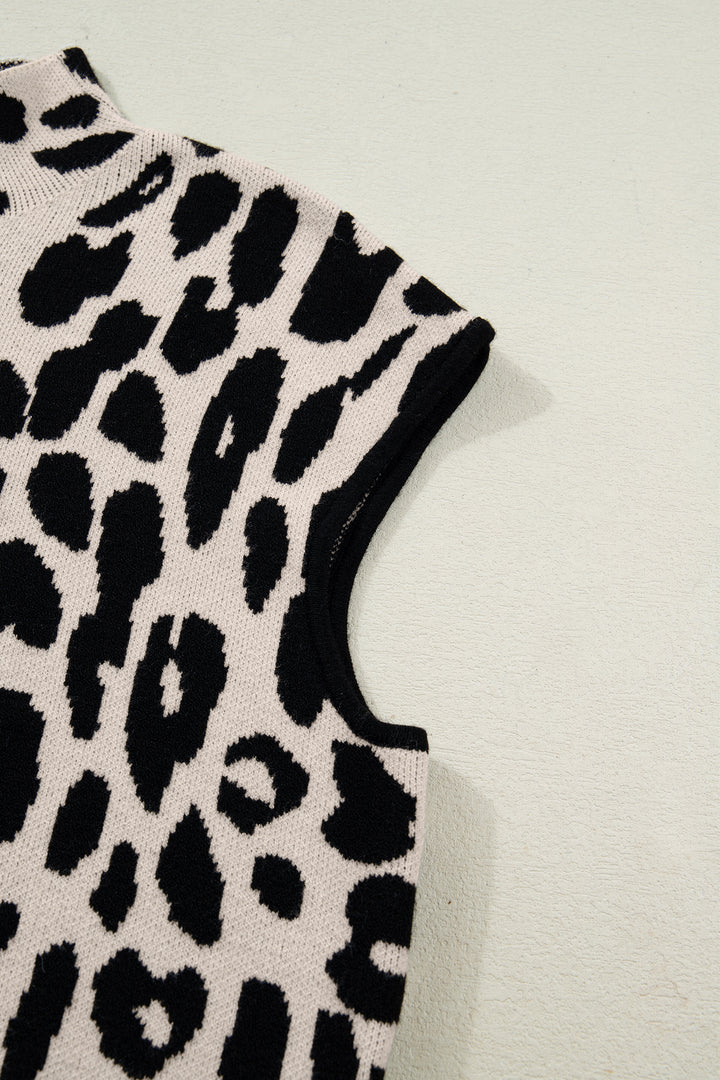 Black Leopard Print High Neck Short Sleeve Sweater