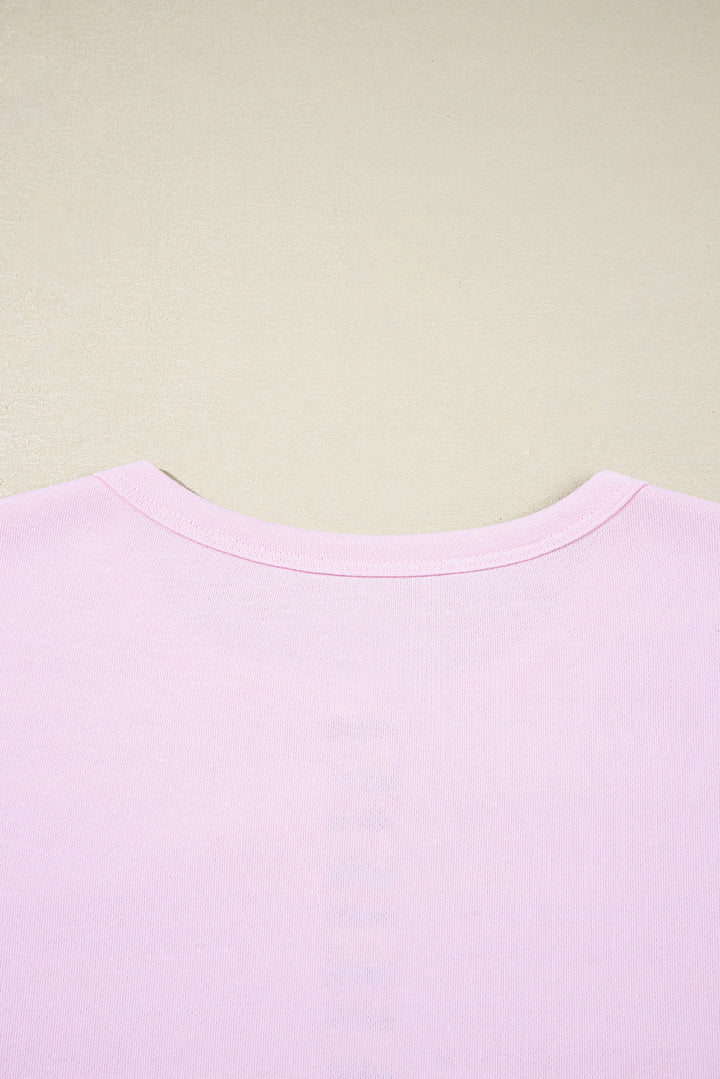Pink Exposed Seam Color Block Striped Patchwork Loose Henley Sweatshirt