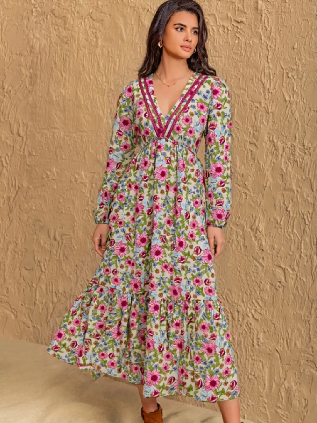 Floral Print V-Neck Bohemian Midi Dress