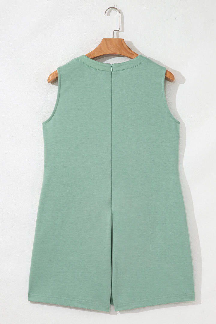 Smoke Green Tie V Neck Pintuck Sleeveless Loose Romper