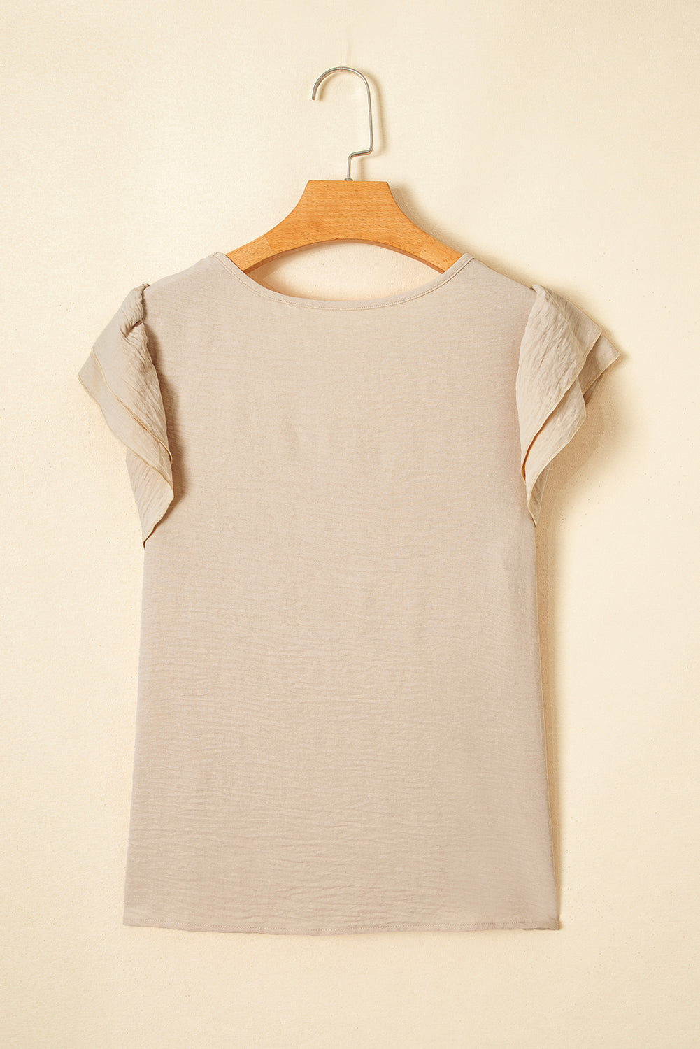 Beige Solid Color Ruffled Short Sleeve Casual Blouse