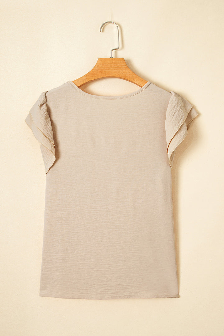 Beige Solid Color Ruffled Short Sleeve Casual Blouse