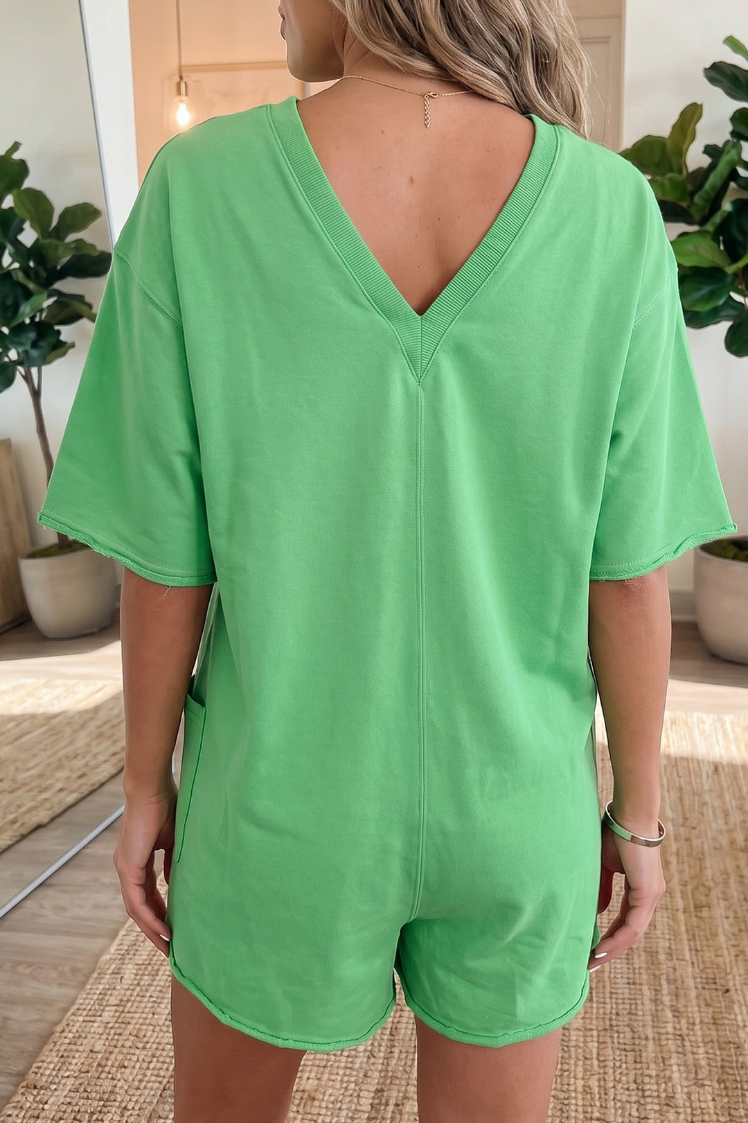 Bright Green Solid Color Raw Edge Half Sleeve Pocketed Loose Romper