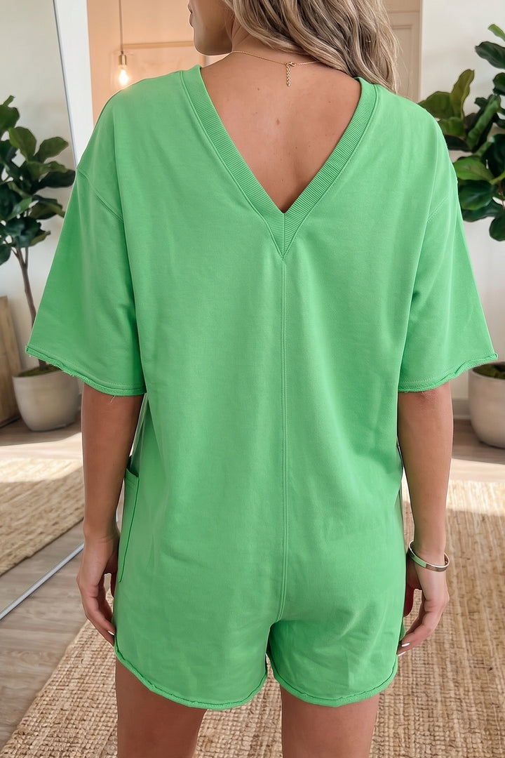 Bright Green Solid Color Raw Edge Half Sleeve Pocketed Loose Romper