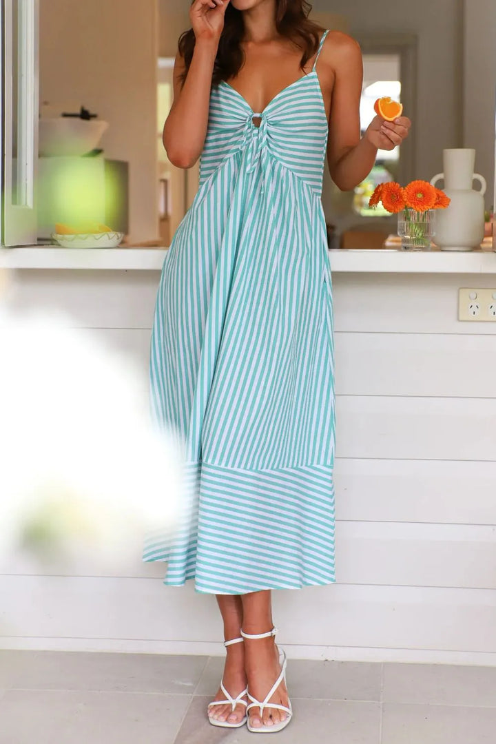 Smocked Back Striped Sleeveless Midi Dress
