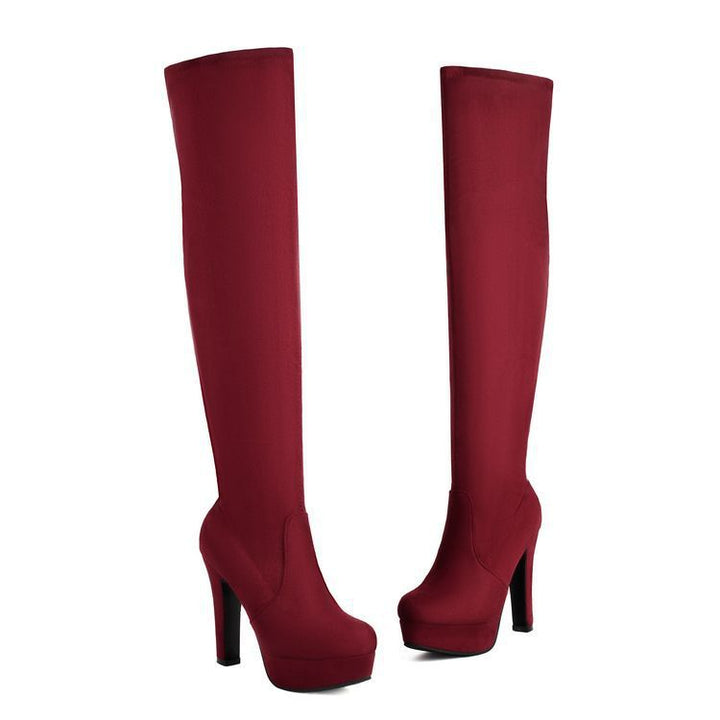 Womens Round-toe Chunky High-heeled Solid-color Side-zip Long Boots