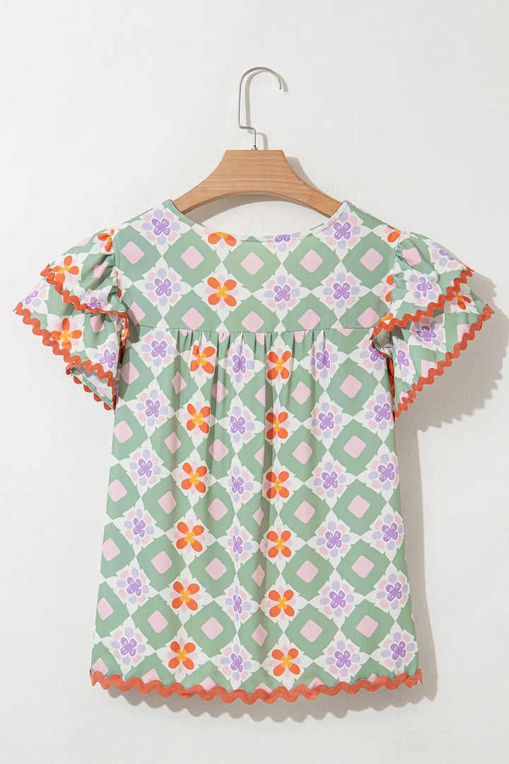 Floral Print V-neck Flutter Sleeve Blouse