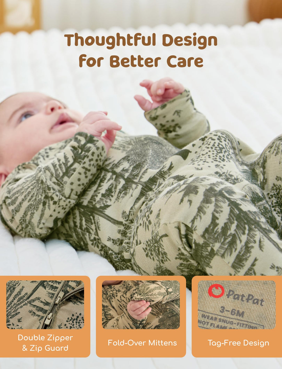 PATPAT Baby Footie Pajamas - Premium Tencel Lyocell & Wool Romper with 2-Way Zipper