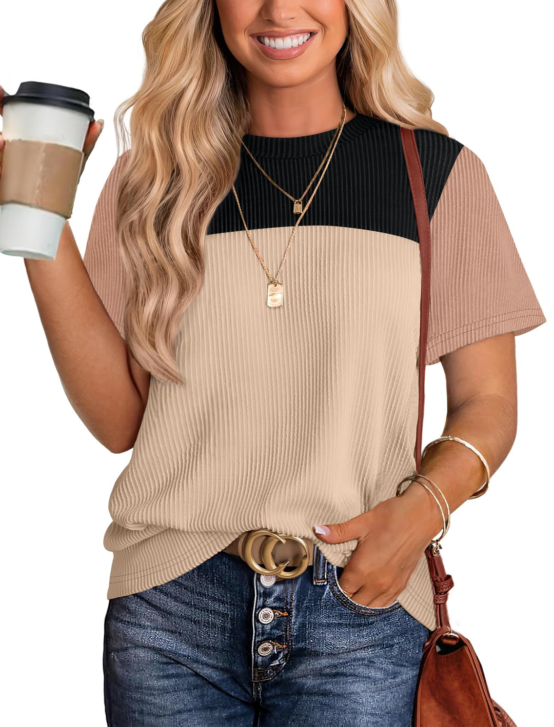 Women's Color Block Knit Shirt Short Sleeve Crewneck Top