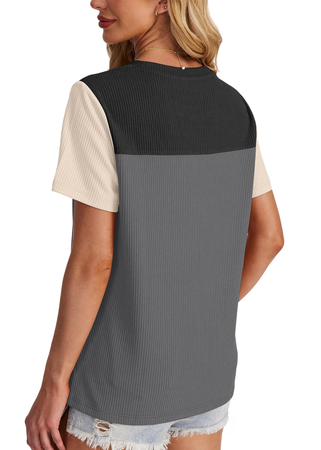 Women's Color Block Knit Shirt Short Sleeve Crewneck Top