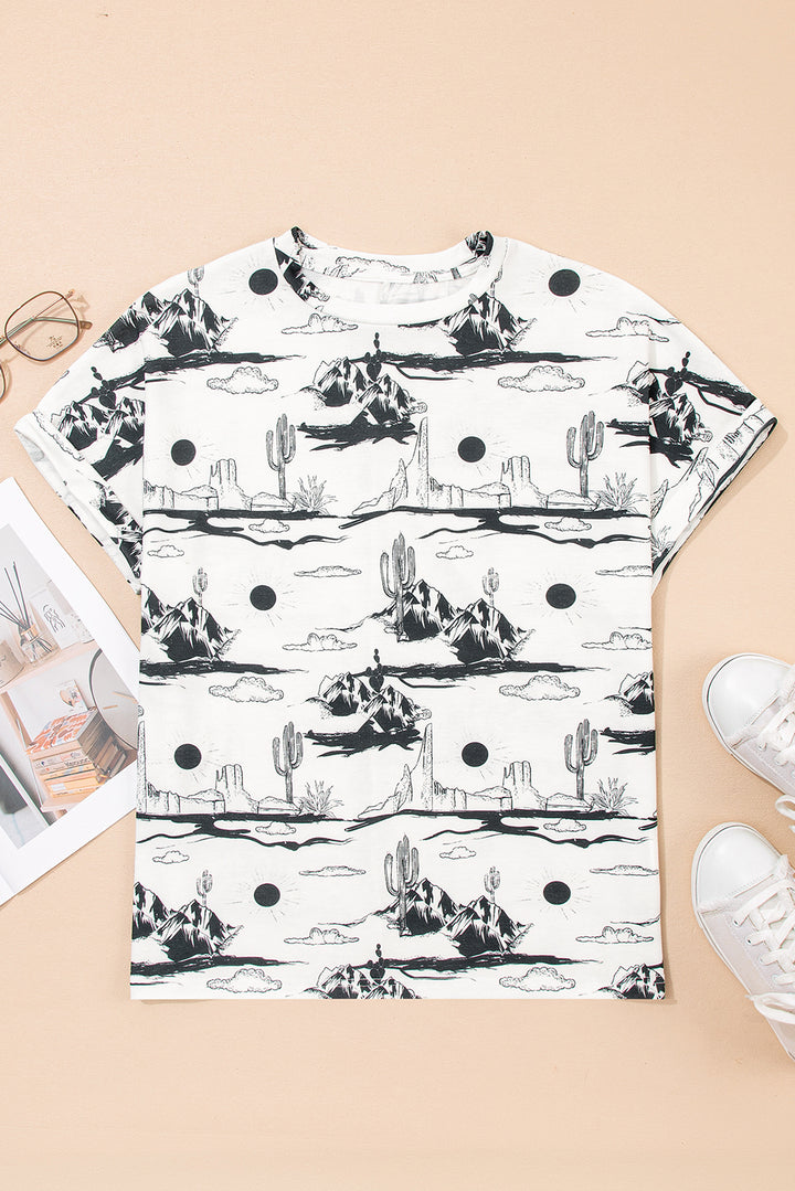 White Desert Sand Print Short Sleeve Knit Top