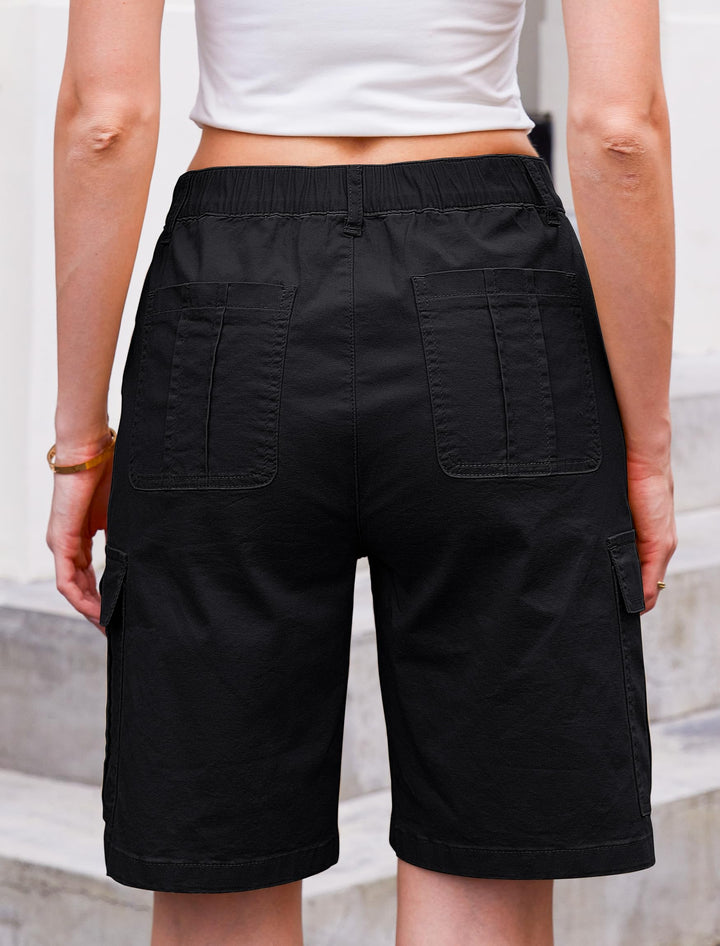 Women High Waisted Bermuda Cargo Shorts - 6 Pockets Stretchy Knee Length Summer Shorts