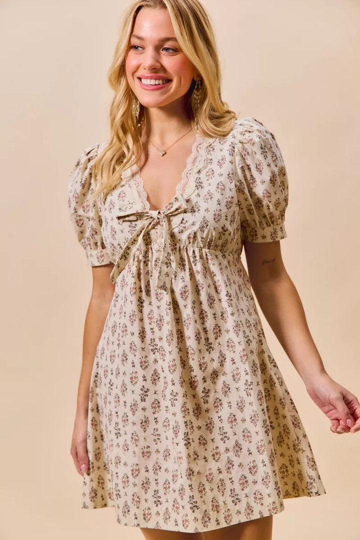 SO ME Floral Print Lace Trim Short Sleeves Mini Dress