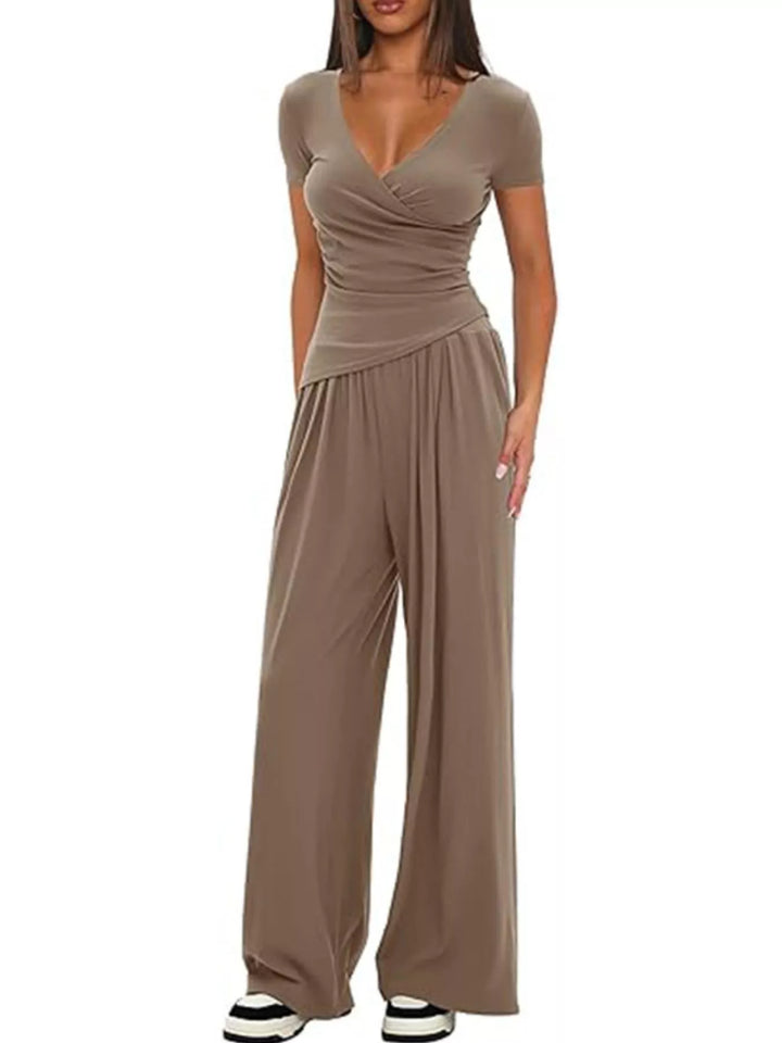 Surplice Short Sleeve Top and Pants Set