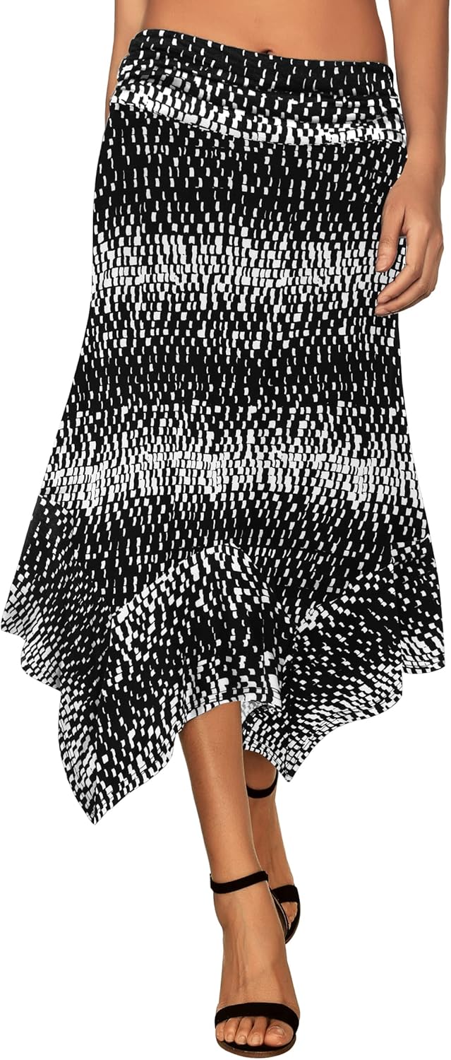 Women's Flowy Handkerchief Hemline Midi Skirt - Elastic Waist Asymmetrical Hem