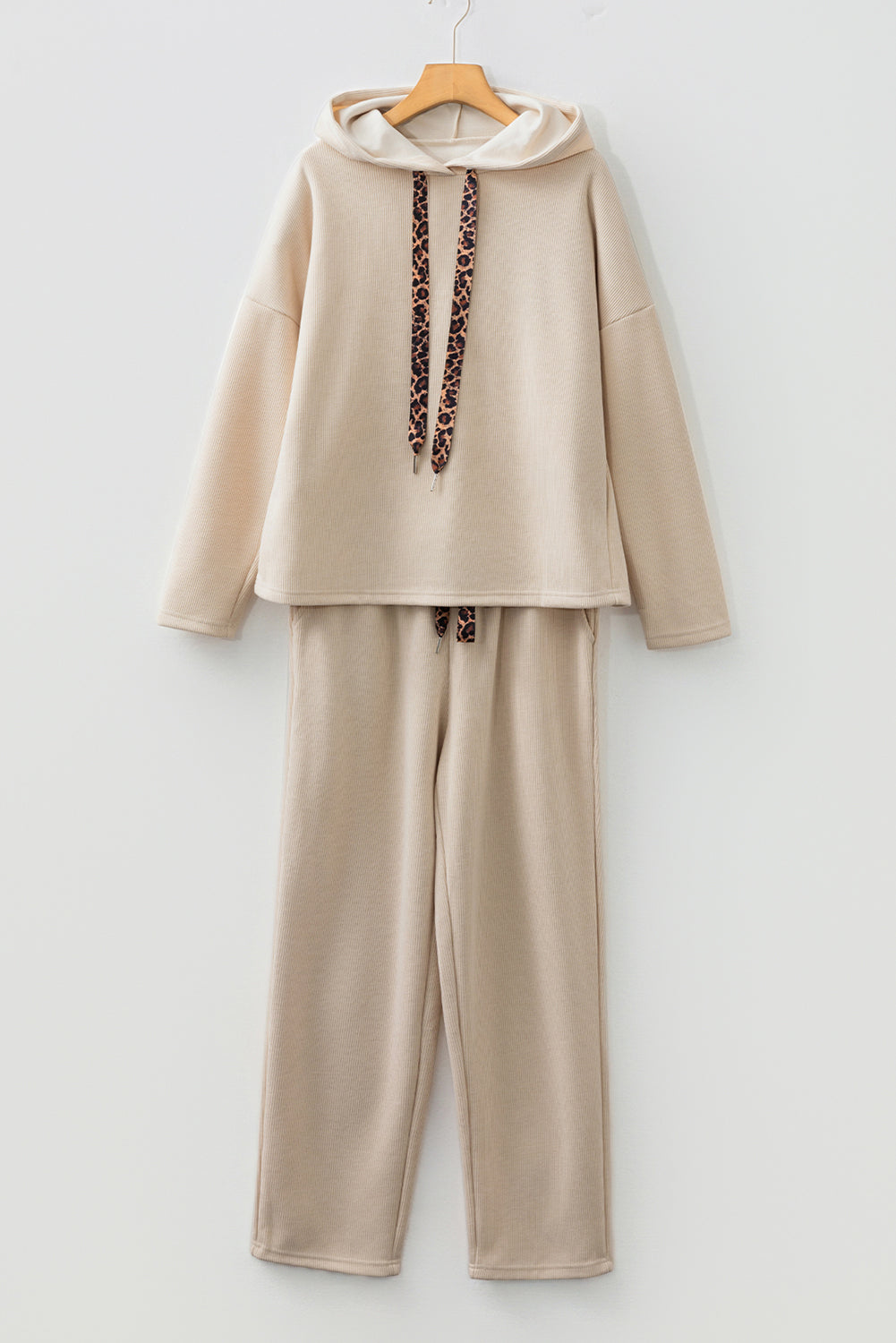 Parchment Leopard Drawstring Pullover Hoodie and High Waist Pants Corduroy Suit