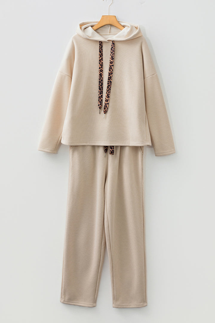 Parchment Leopard Drawstring Pullover Hoodie and High Waist Pants Corduroy Suit