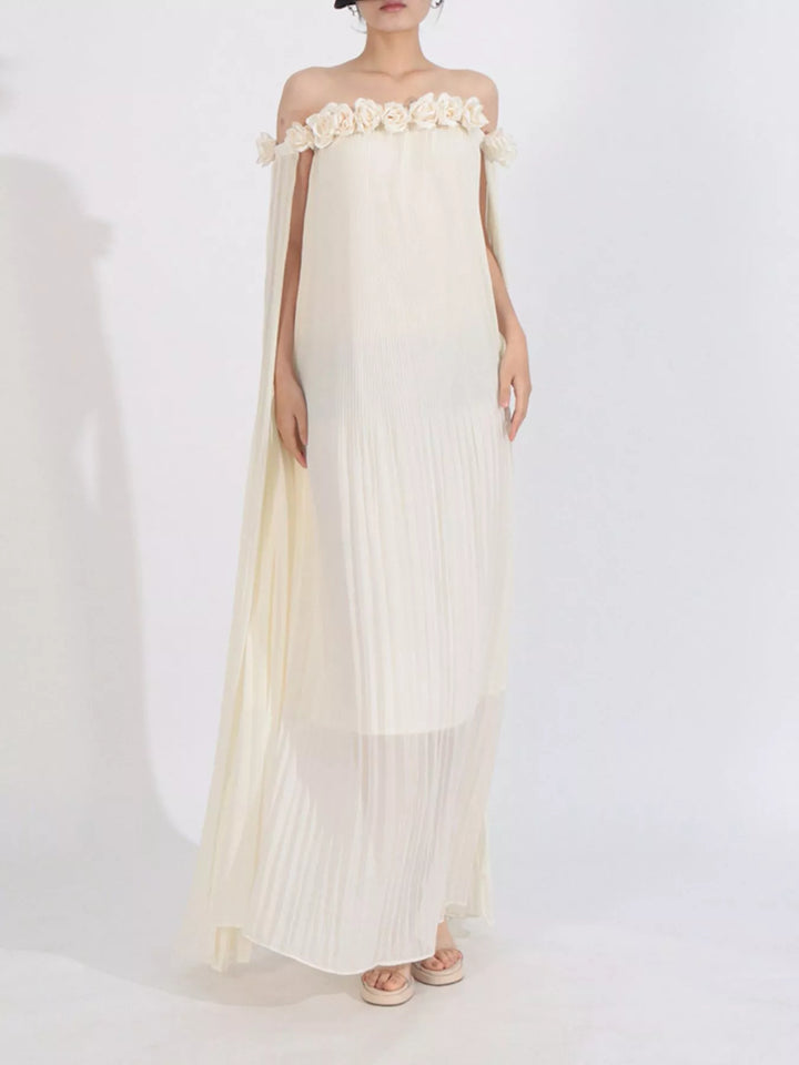 Off-Shoulder Floral Pleated Maxi Dress
