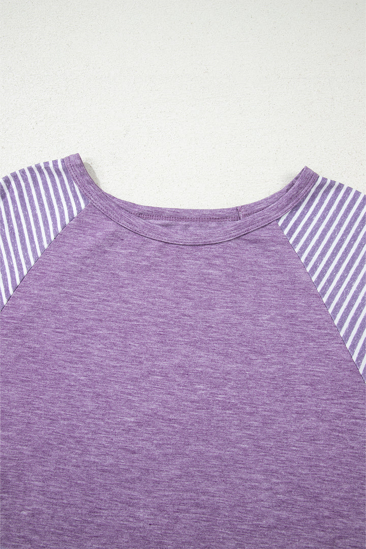 Tillandsia Purple Contrast Print Striped Raglan Long Sleeve Loose Top