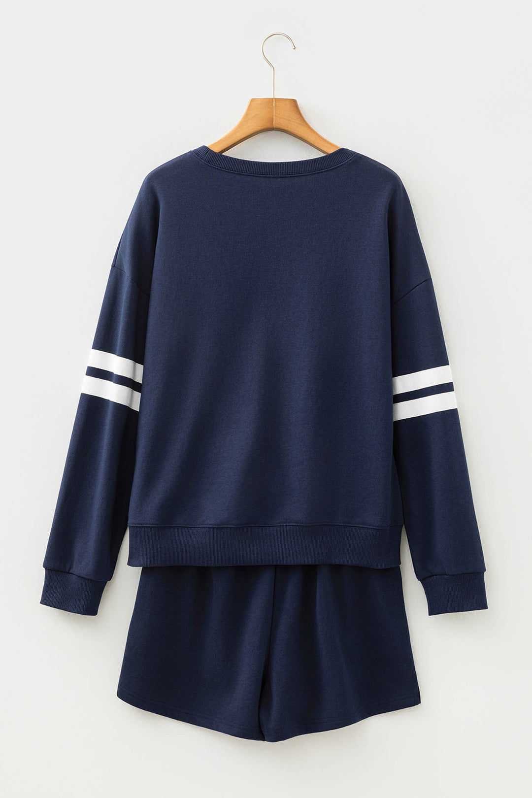 Navy Blue Varsity Striped Sleeve Drop Shoulder Sweatshirt and Short Set