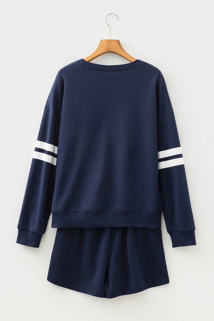 Navy Blue Varsity Striped Sleeve Drop Shoulder Sweatshirt and Short Set