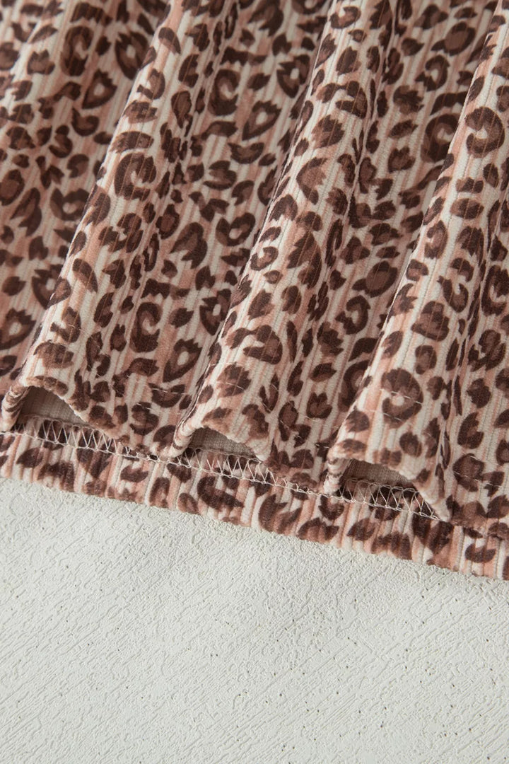 Leopard Print Ribbed Patchwork Half Button Loose Tee Elastic Waist Short 2pcs Set