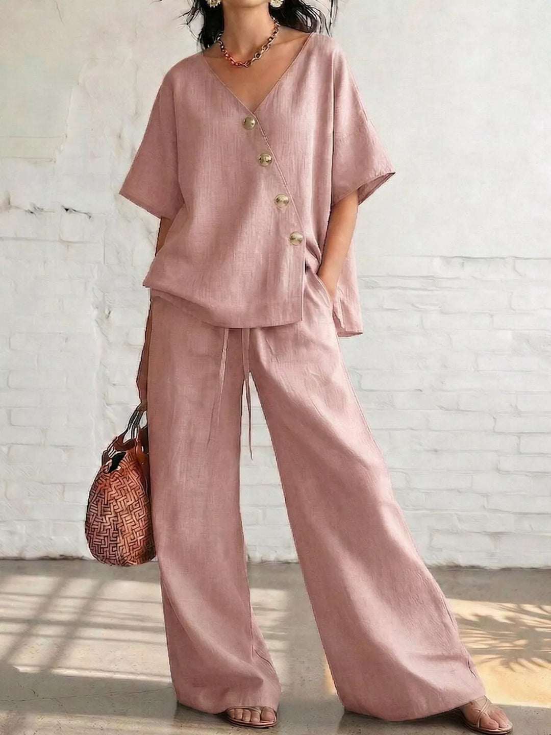 Full Size Surplice Half Sleeve Top and Wide-Leg Pants Set Plus Size