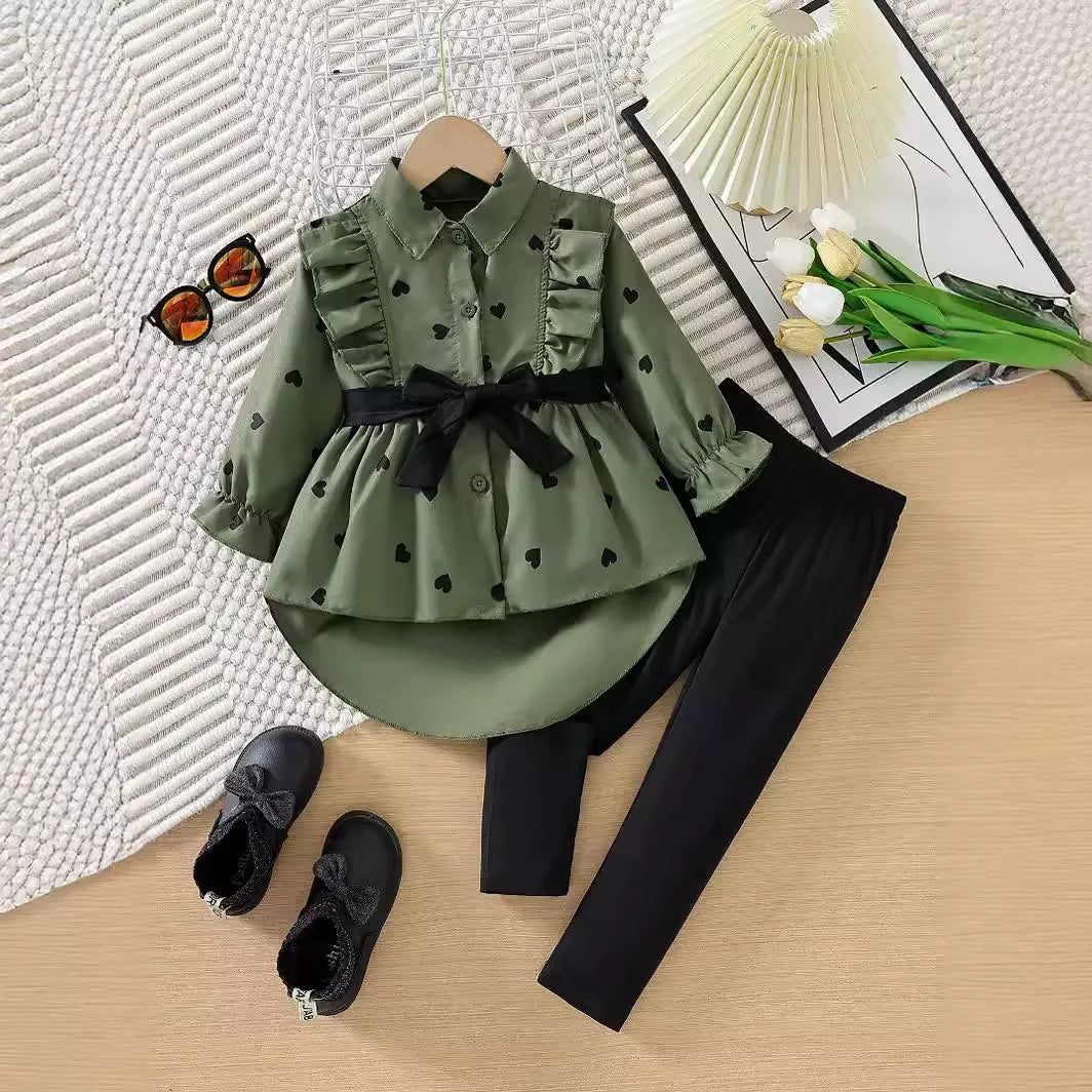 Children's Heart Print Ruffle Trim Shirt & Pants Set with Tie