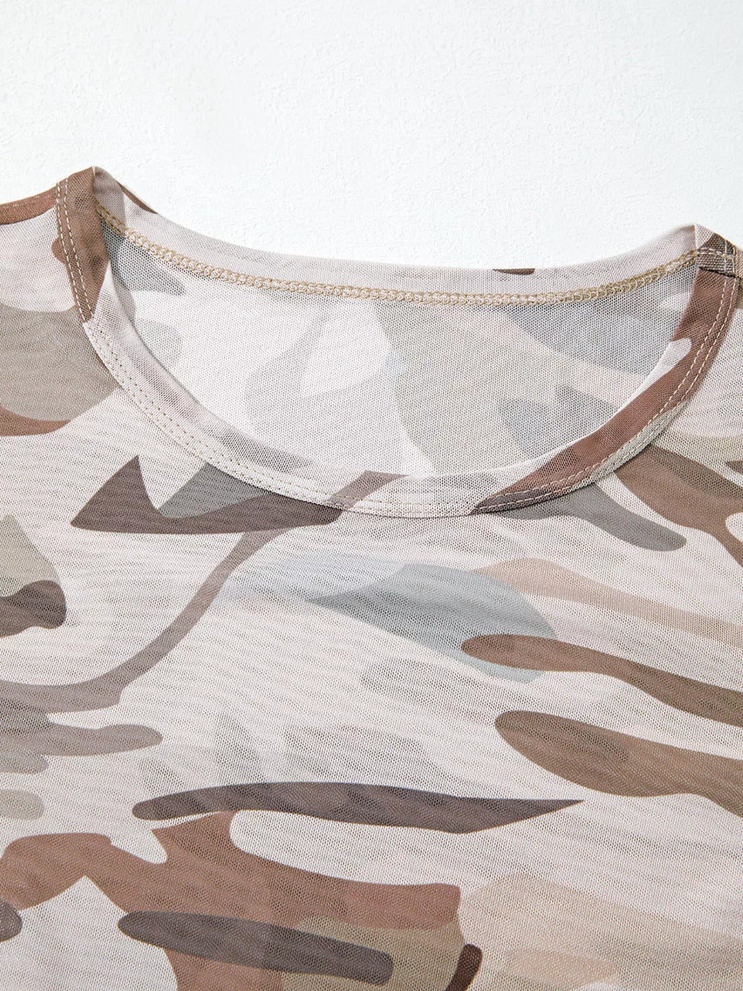 Camouflage Print Mesh Long Sleeve Top