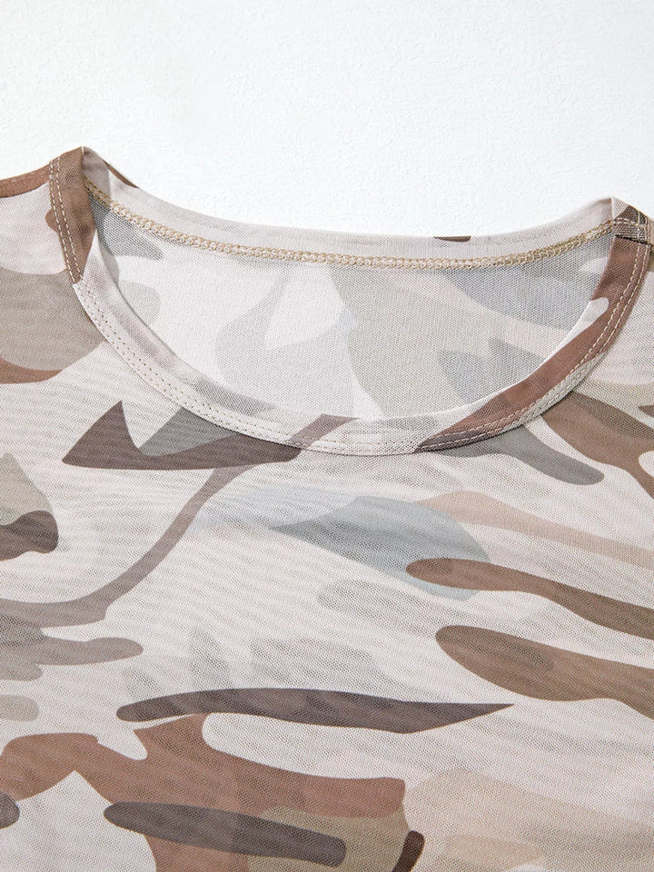 Camouflage Print Mesh Long Sleeve Top