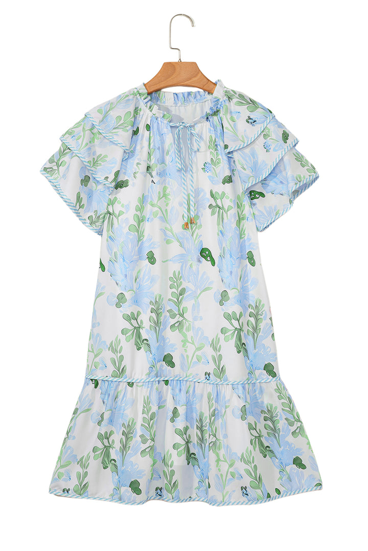Mini-robe à manches courtes superposées et à bordures contrastées bleu ciel