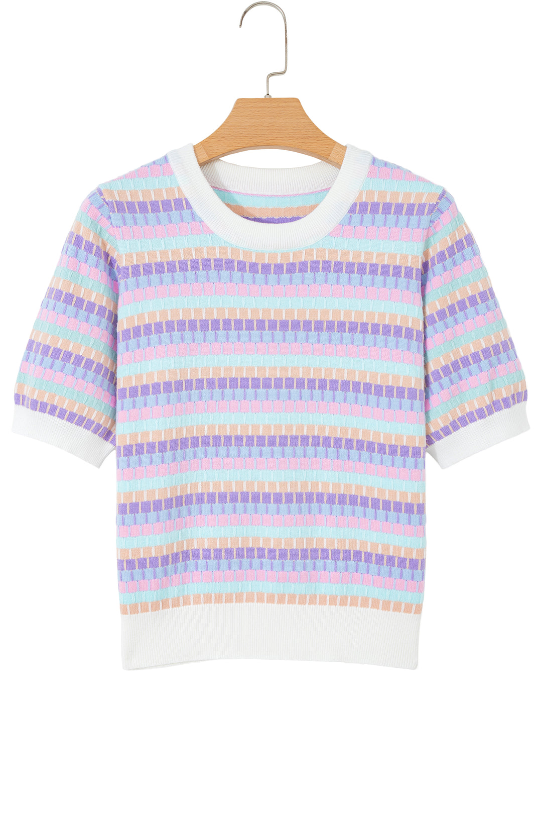 Purple Abstract Striped Knit Short Sleeve Sweater