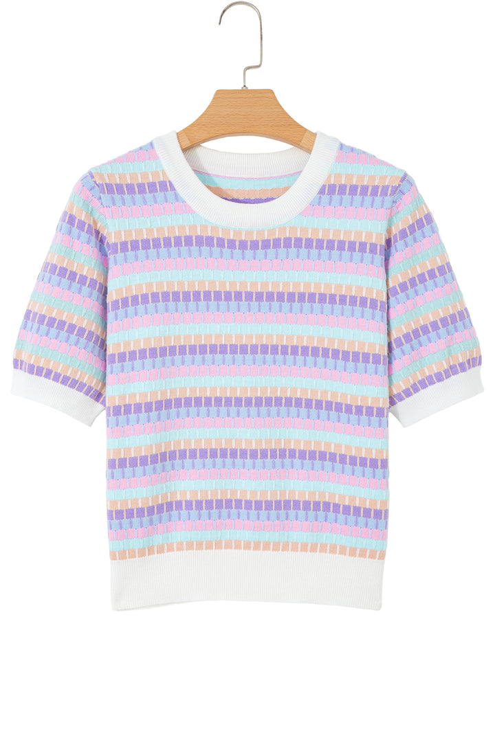 Purple Abstract Striped Knit Short Sleeve Sweater