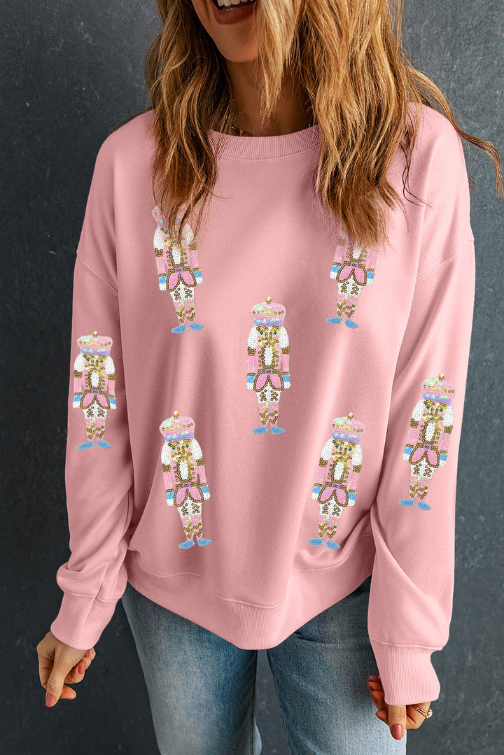 Pink Sequin Nutcracker Christmas Pullover Sweatshirt