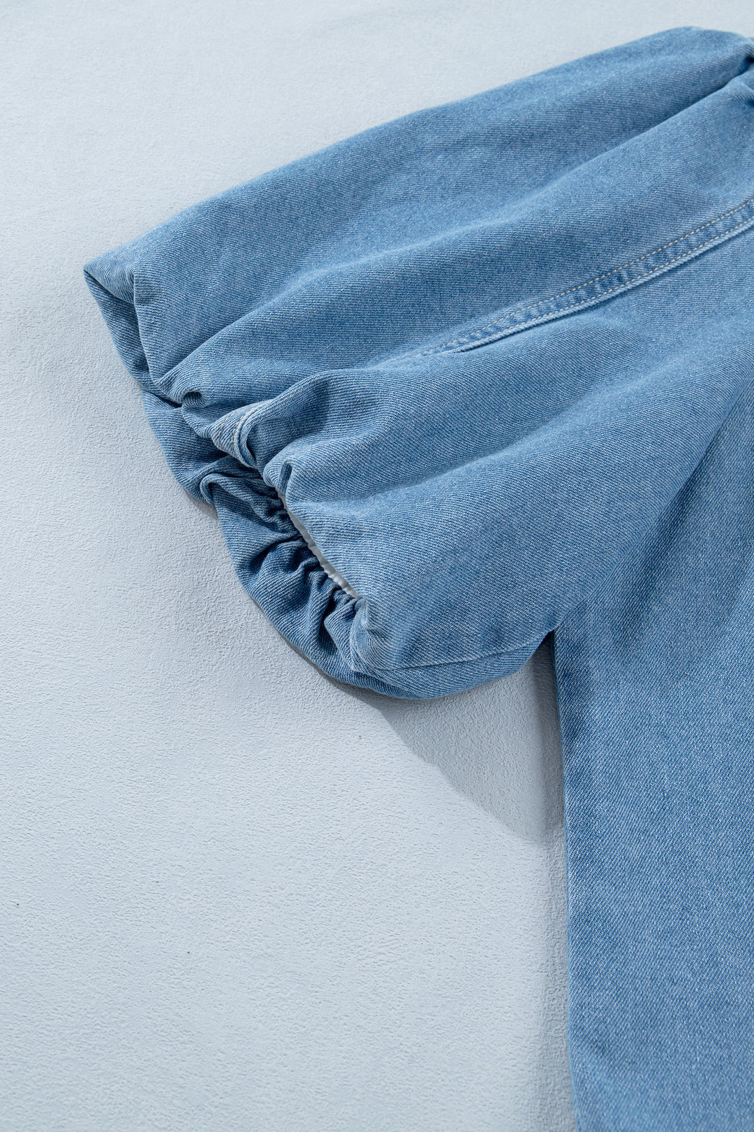 Beau Blue Button Down Short Puff Sleeve Ruffle Hem Patchwork Denim Dress