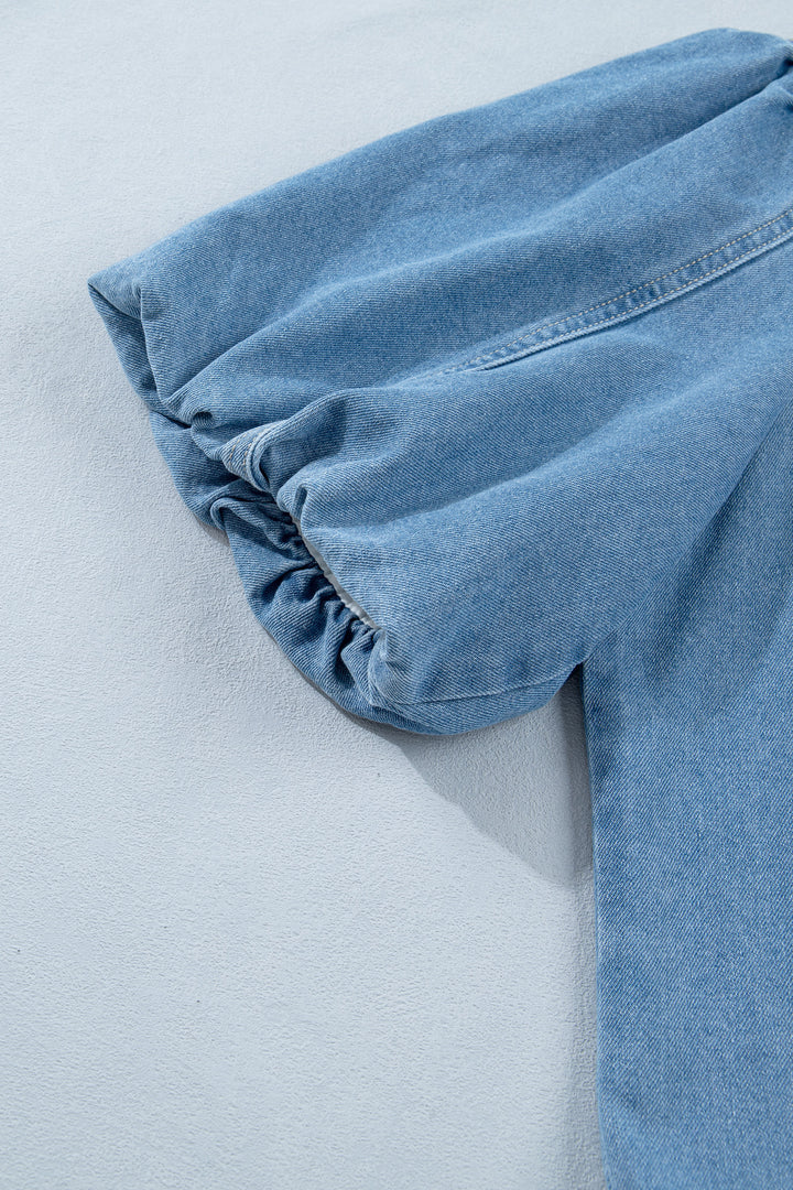 Beau Blue Button Down Short Puff Sleeve Ruffle Hem Patchwork Denim Dress