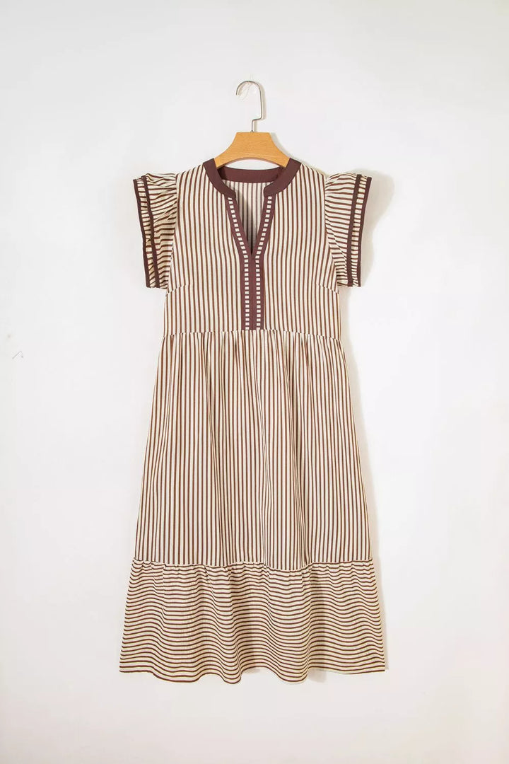 Stripe Plus Size Slit V Neck Tiered Flutter Sleeve Dress