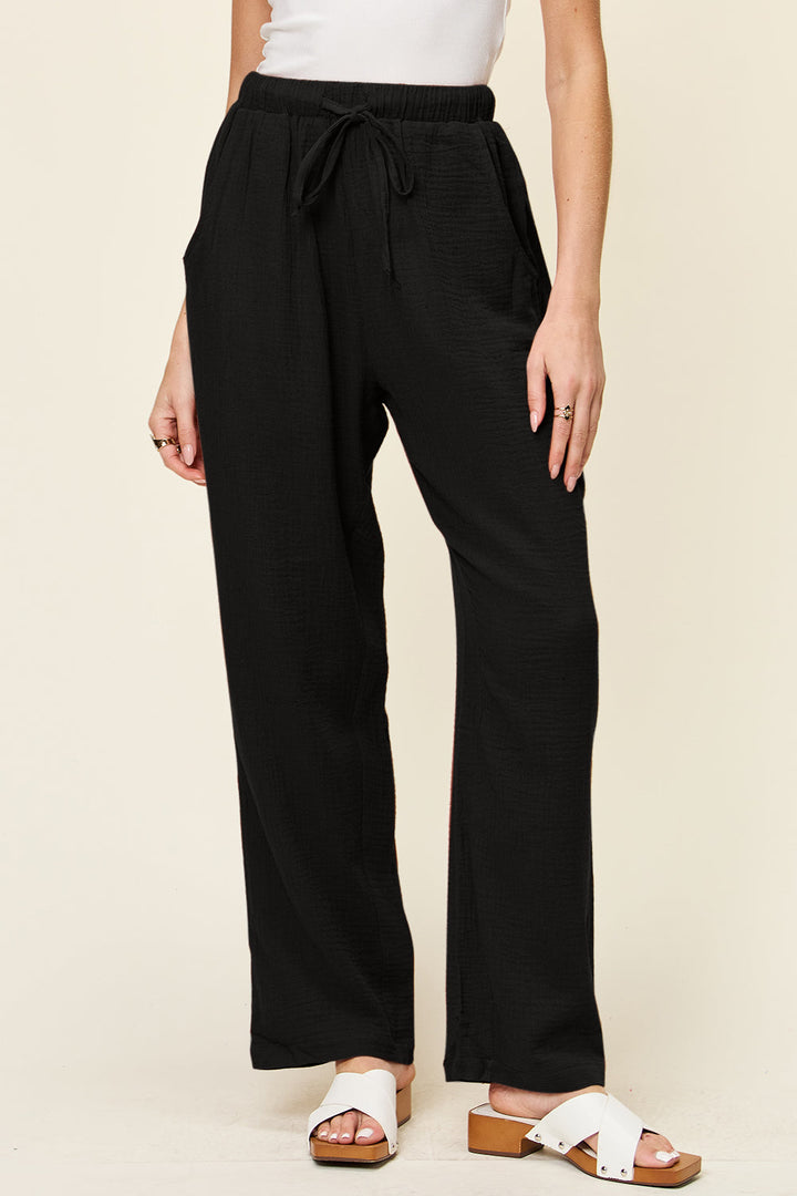 Textured Drawstring Straight Leg Pants