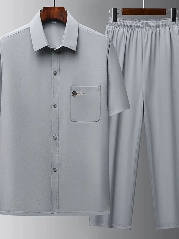 Men's Full Size Button Up Short Sleeve Top and Pants Set Plus Size