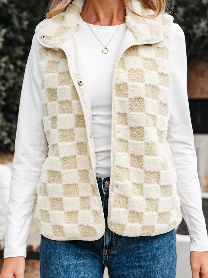 Sherpa Checkerboard Snap Button Vest Coat with Pocket