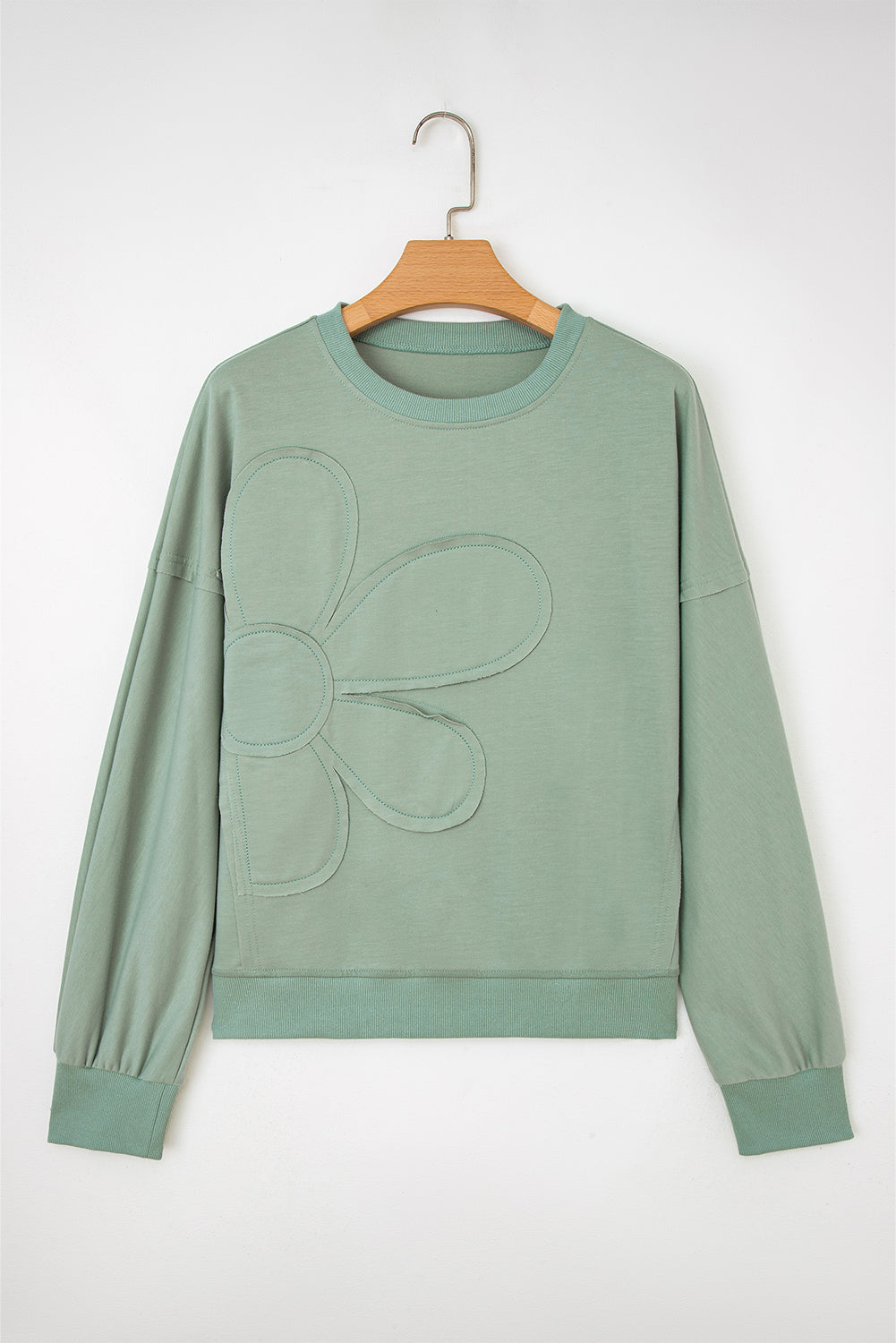 Smoke Green Raw Edge Flower Patch Drop Shoulder Casual Top