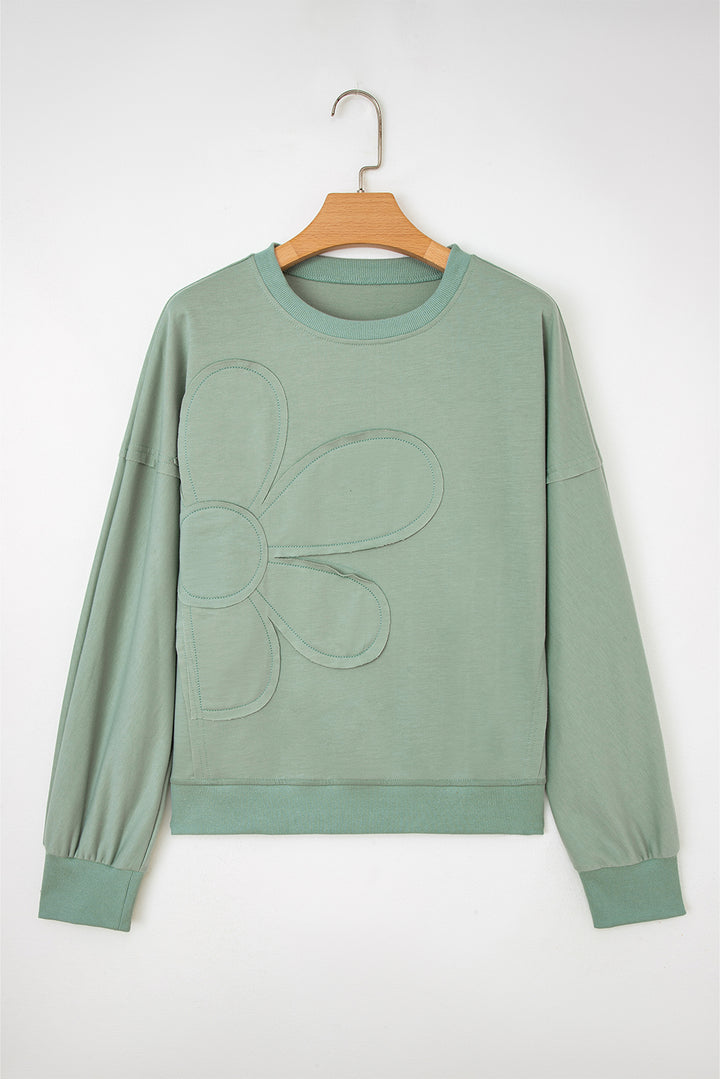 Smoke Green Raw Edge Flower Patch Drop Shoulder Casual Top