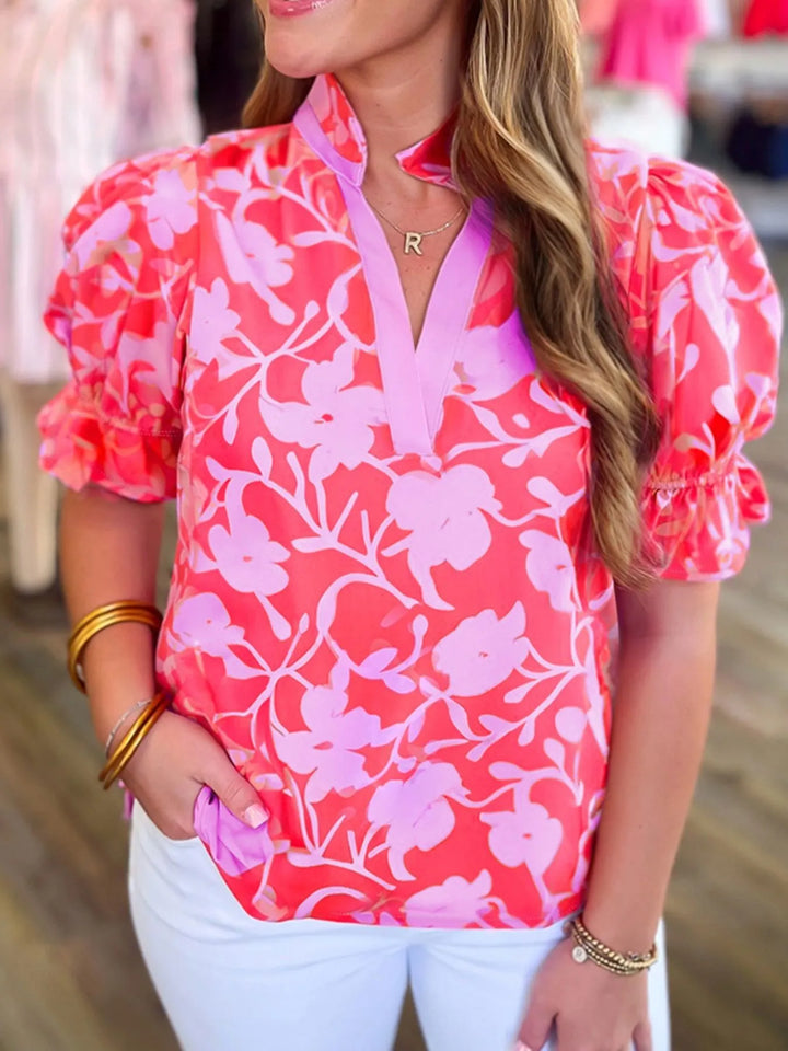 Floral Split V Neck Ruffled Short Sleeve Blouse Top