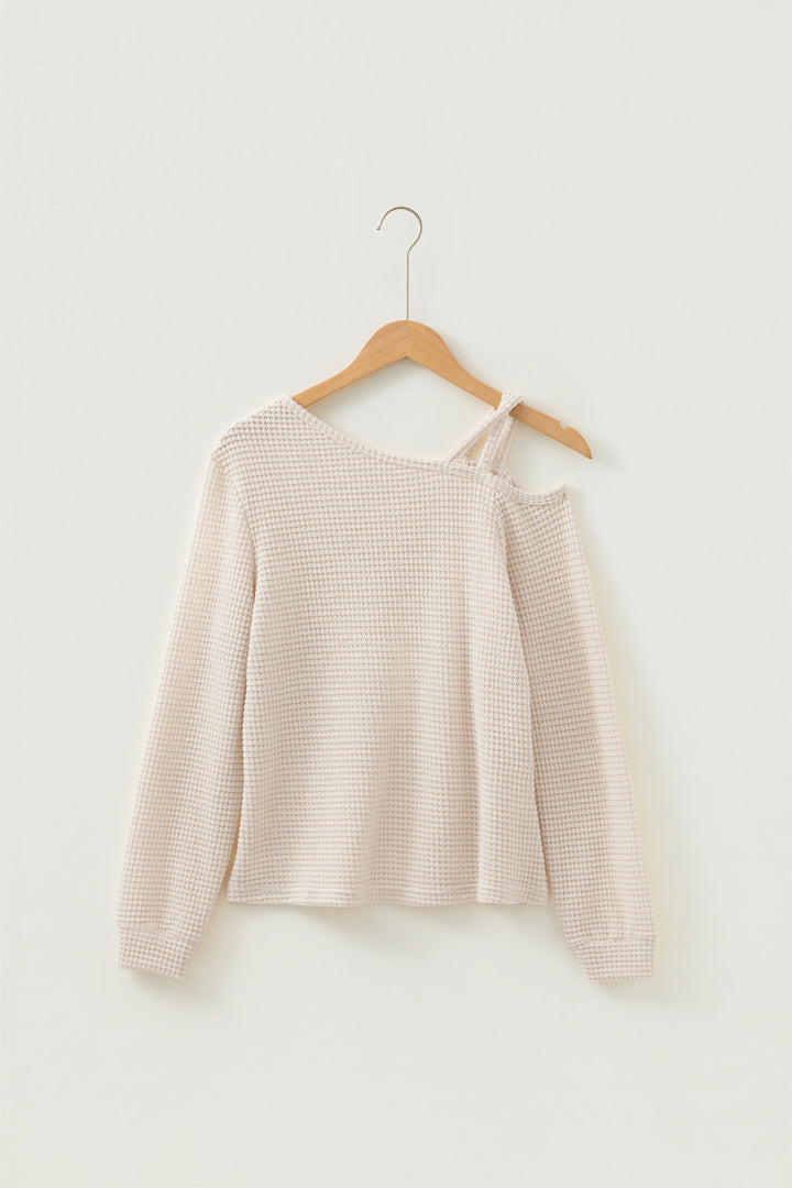 Jet Stream Solid Color Textured Knit Asymmetric Shoulder Long Sleeve Top