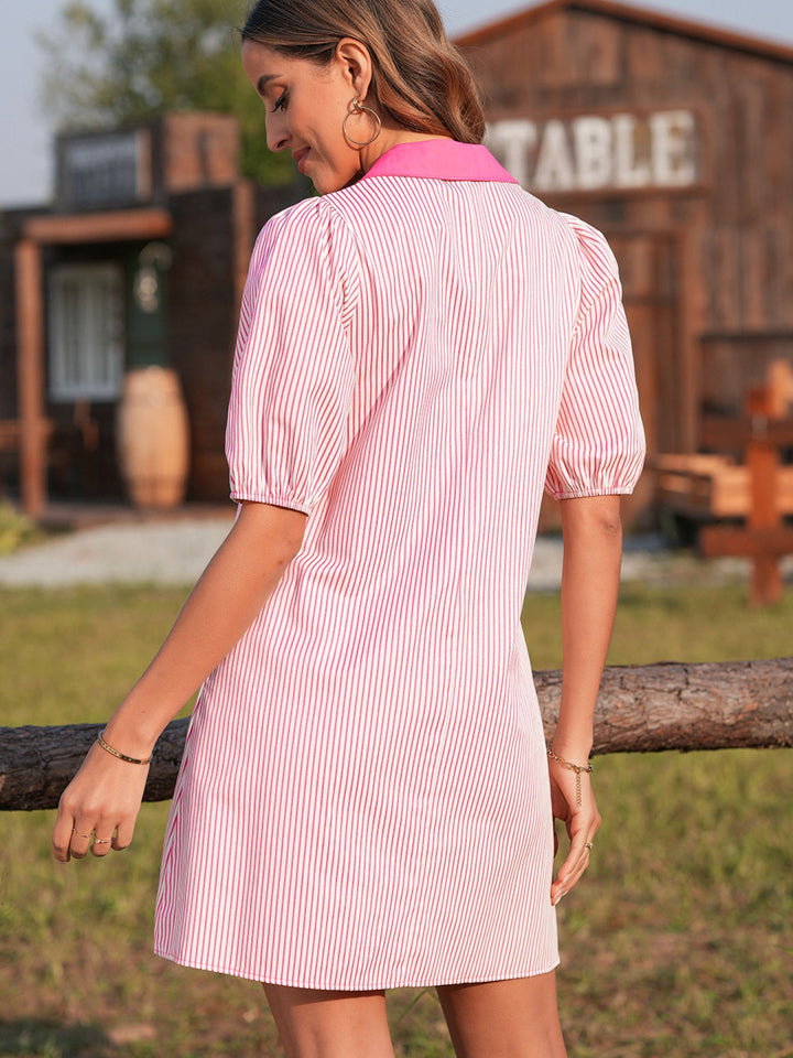Stripe Color Block Patchwork Shirt Collar Button Down Puff Sleeve Mini Dress