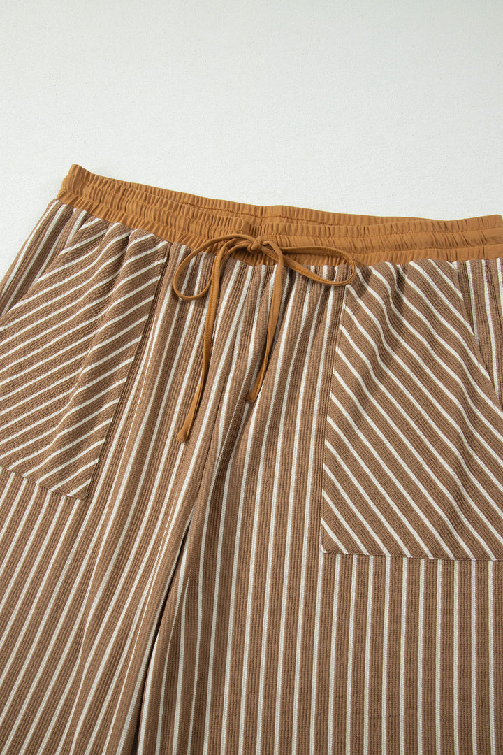 Khaki Stripe Plus Size Striped Colorblock Pocket Lounge Set