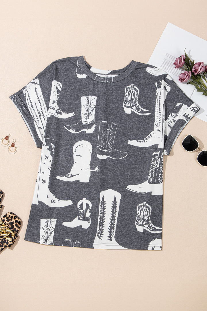 T-shirt ras du cou gris grande taille à imprimé bottes western