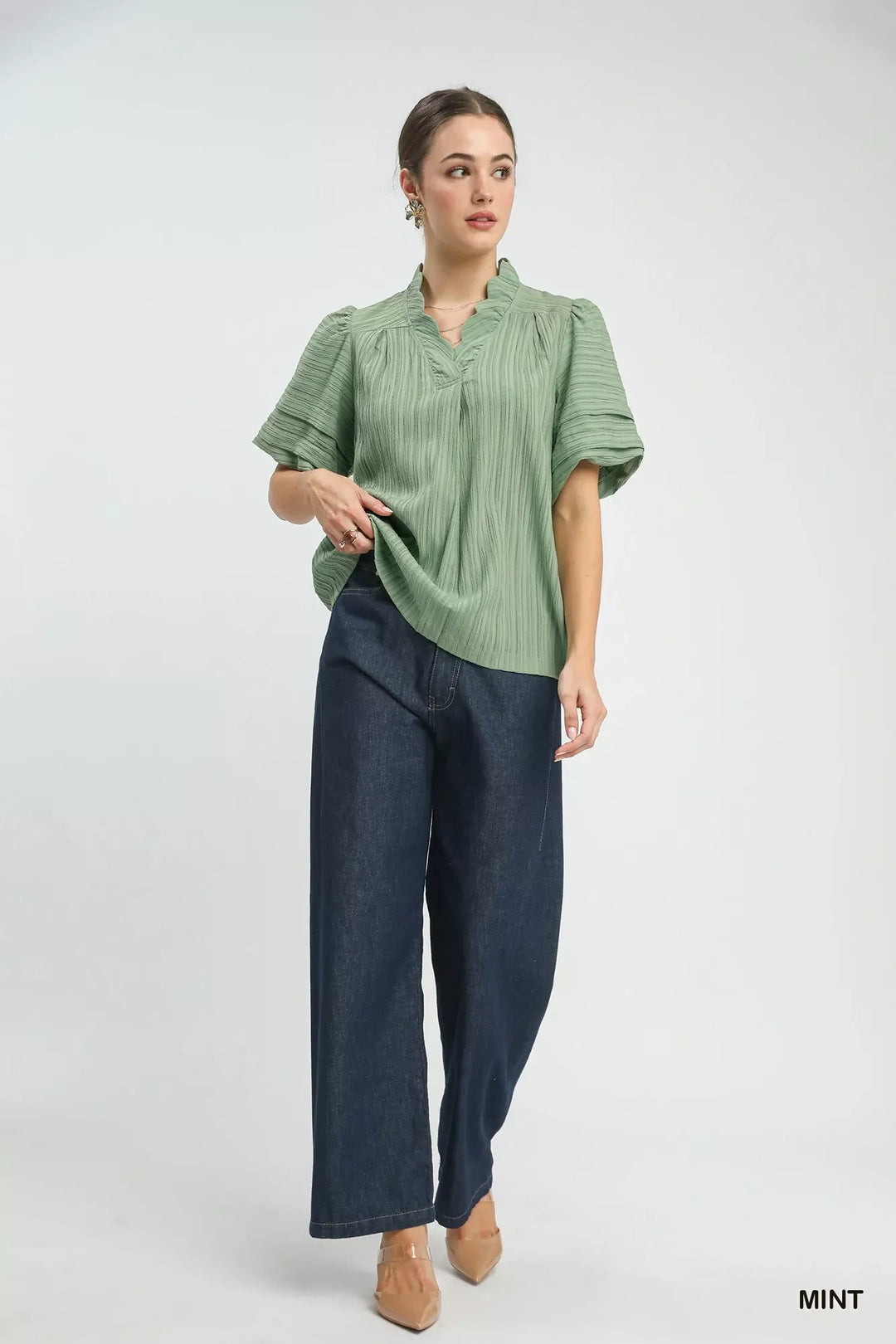 Umgee Seersucker Bubble Sleeve V-Neck Blouse